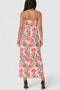 Bebe Floral Printed Satin Strapless Maxi Dress
