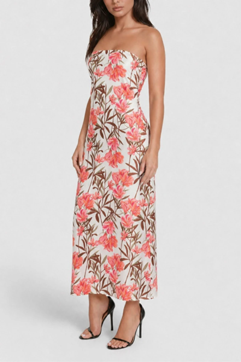 Bebe Floral Printed Satin Strapless Maxi Dress
