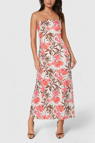 Bebe Floral Printed Satin Strapless Maxi Dress