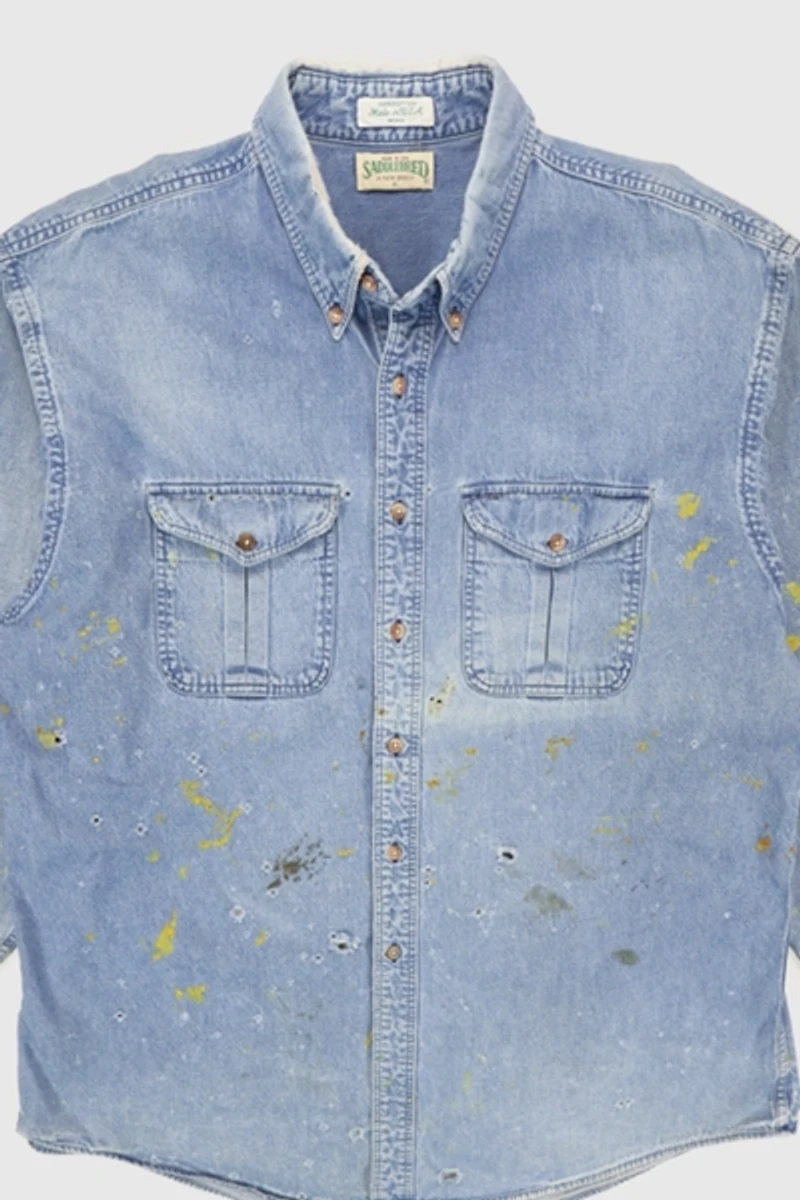 Vintage Distressed Denim Button-Down Shirt