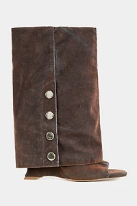 Azalea Wang Tinseled Velvet Denim Wedge Bootie