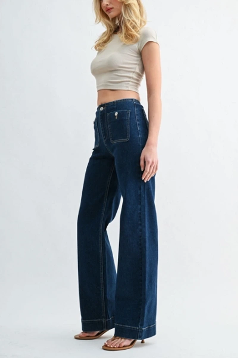 Jemina Denim High Rise Patch Pocket Straight Leg Jeans