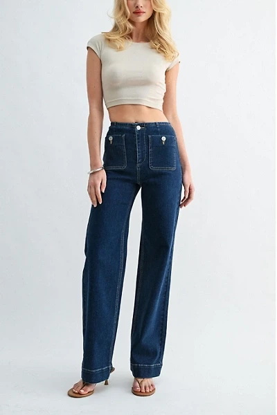 Jemina Denim High Rise Patch Pocket Straight Leg Jeans