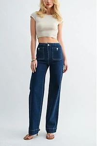 Jemina Denim High Rise Patch Pocket Straight Leg Jeans