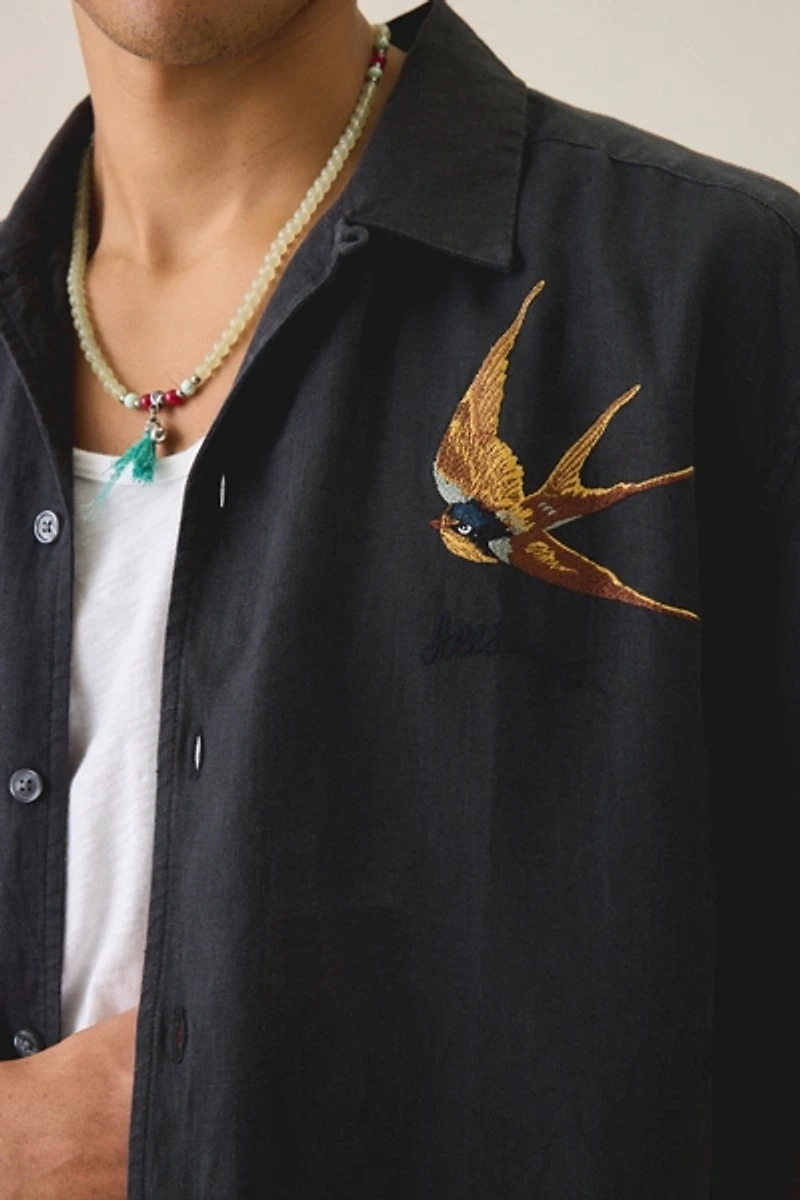 AllSaints Avia Embroidered Linen Short Sleeve Shirt