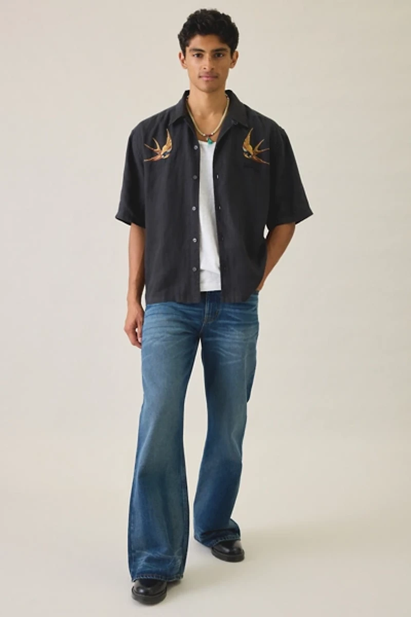 AllSaints Avia Embroidered Linen Short Sleeve Shirt