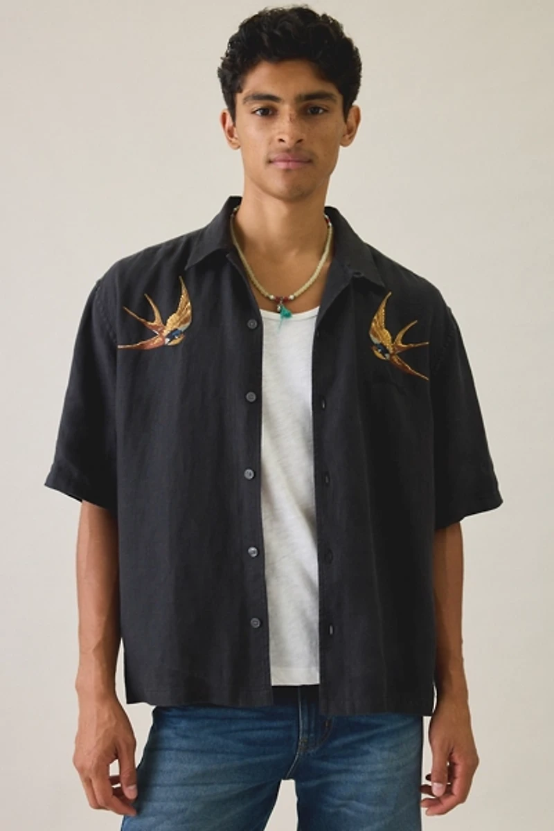 AllSaints Avia Embroidered Linen Short Sleeve Shirt