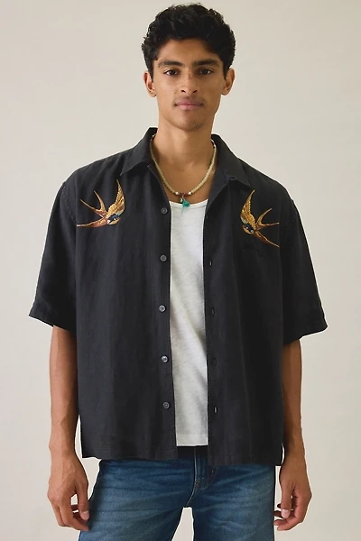 AllSaints Avia Embroidered Linen Short Sleeve Shirt