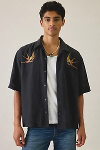 AllSaints Avia Embroidered Linen Short Sleeve Shirt