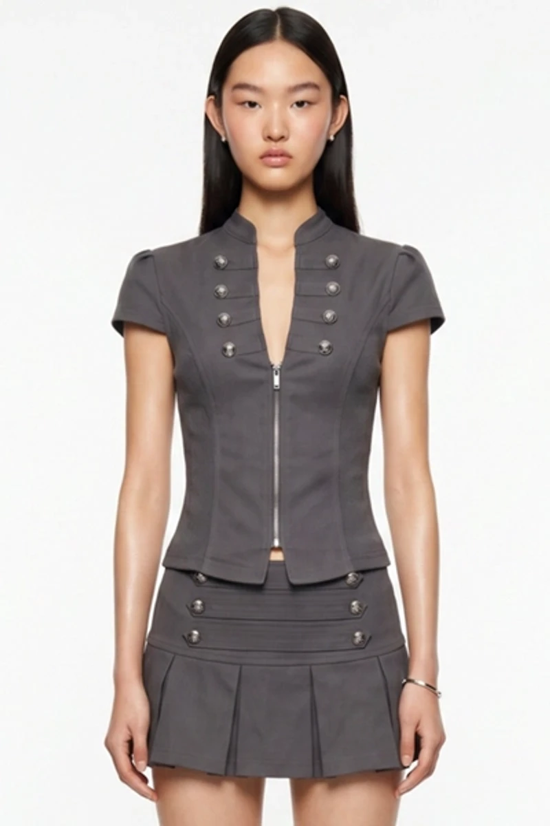 Personal Code Napoleon Short Sleeve Zip Up Top