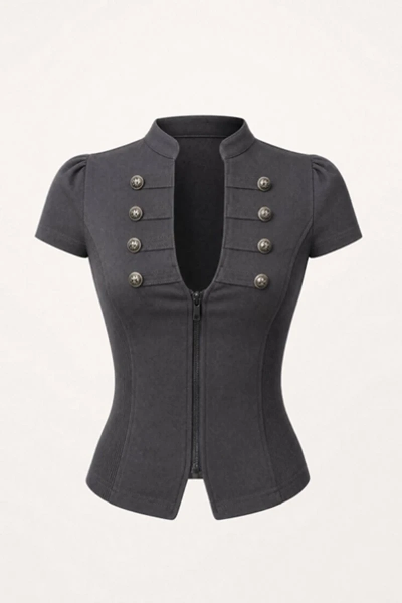Personal Code Napoleon Short Sleeve Zip Up Top