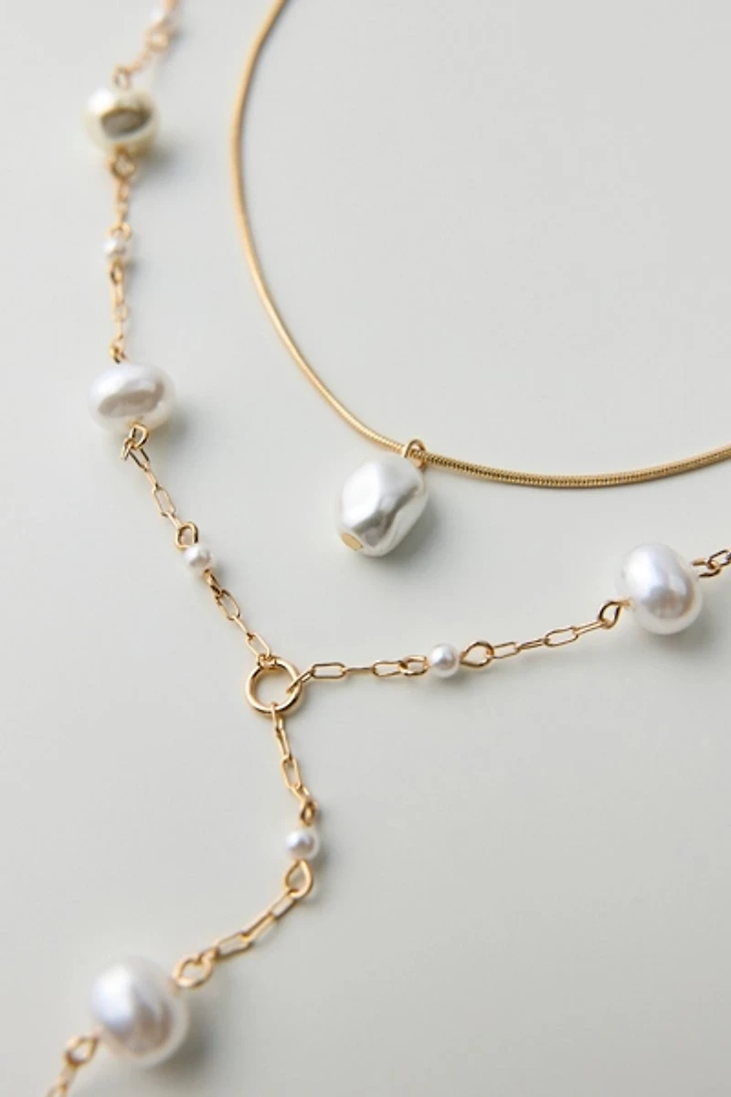 Pearly Corded Lariat Layered Necklace