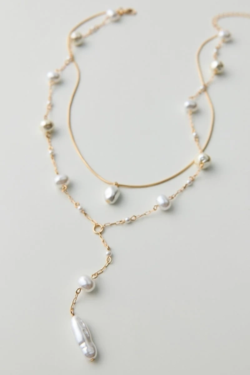 Pearly Corded Lariat Layered Necklace