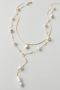 Pearly Corded Lariat Layered Necklace