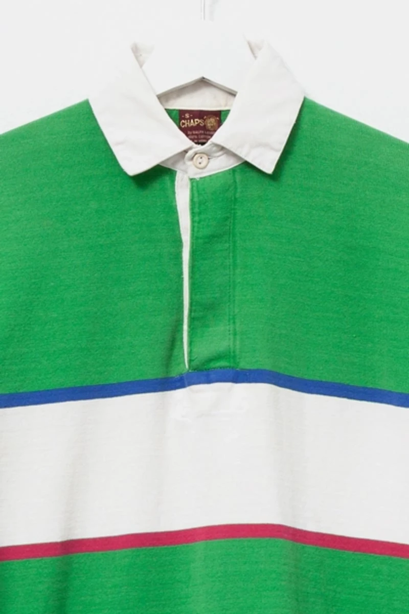 Vintage 1980s Distressed Green Stripped Rugby Shirt