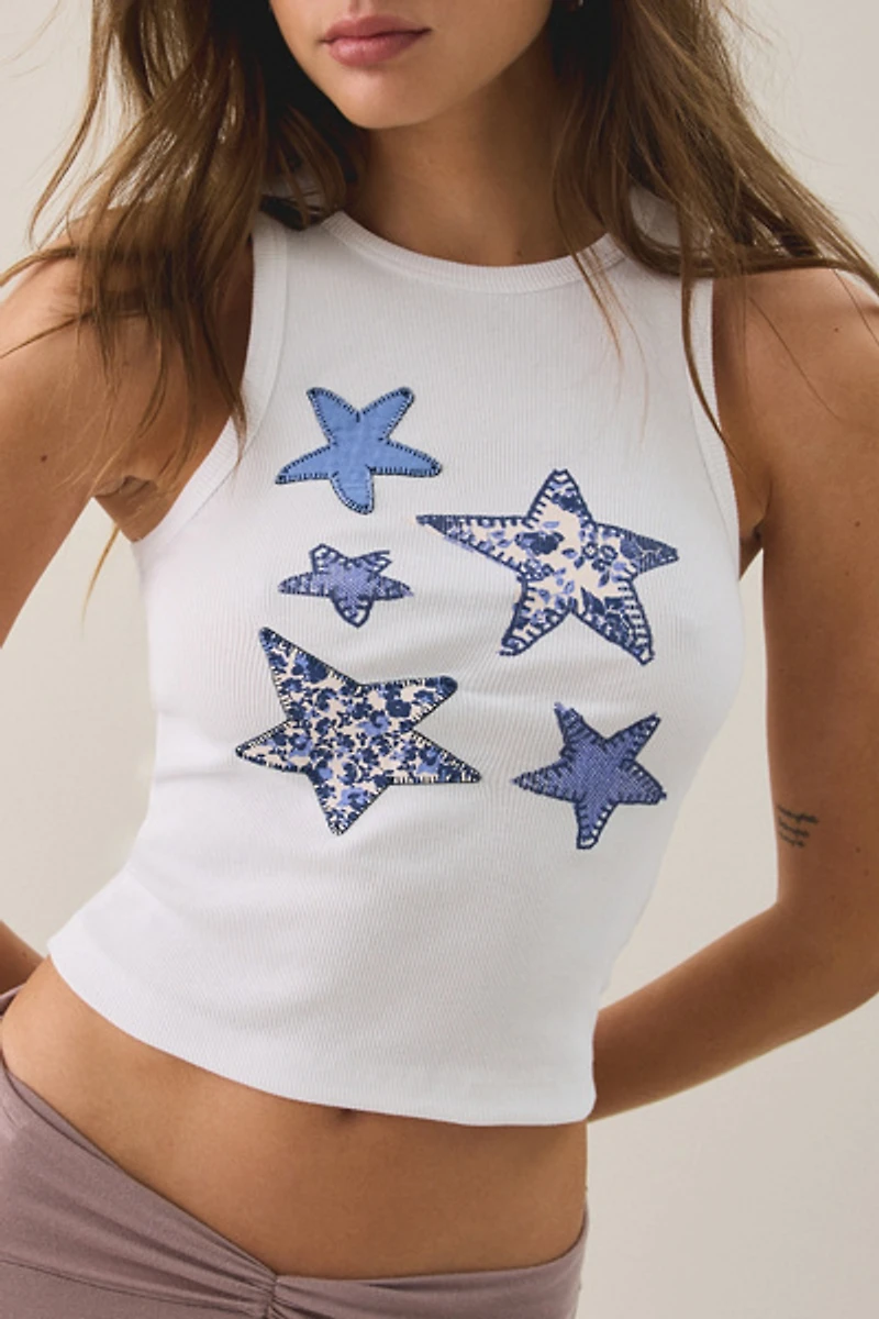 Star Patchwork Graphic Cropped Tank Top