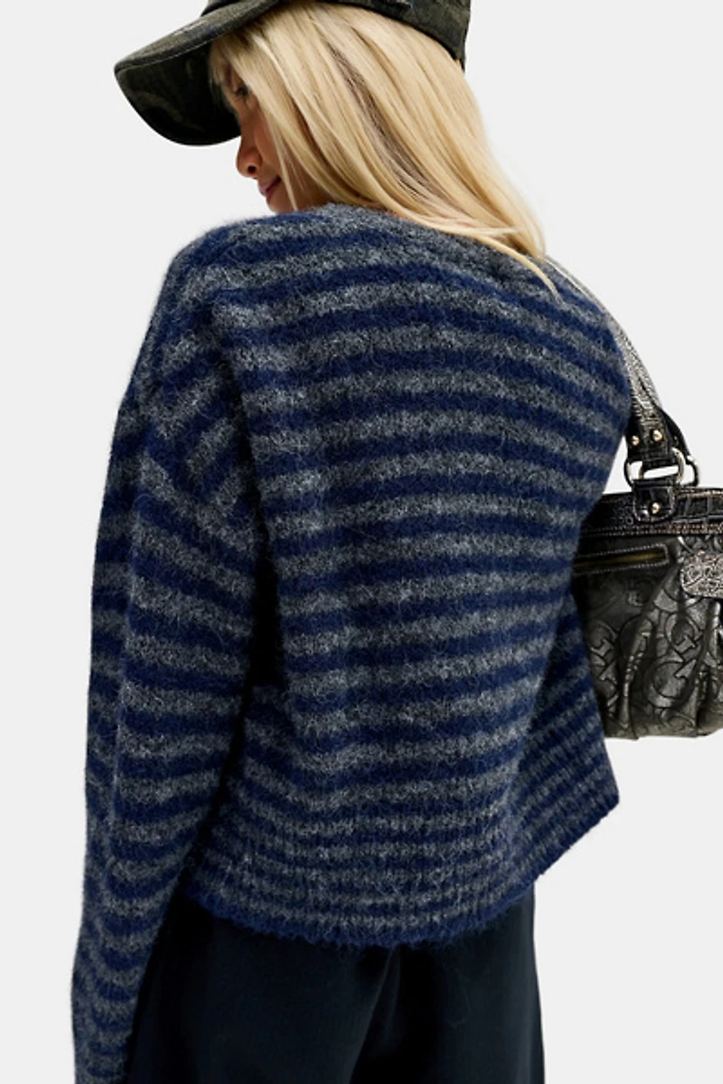 UO Fuzzy Striped Asymmetrical Cardigan