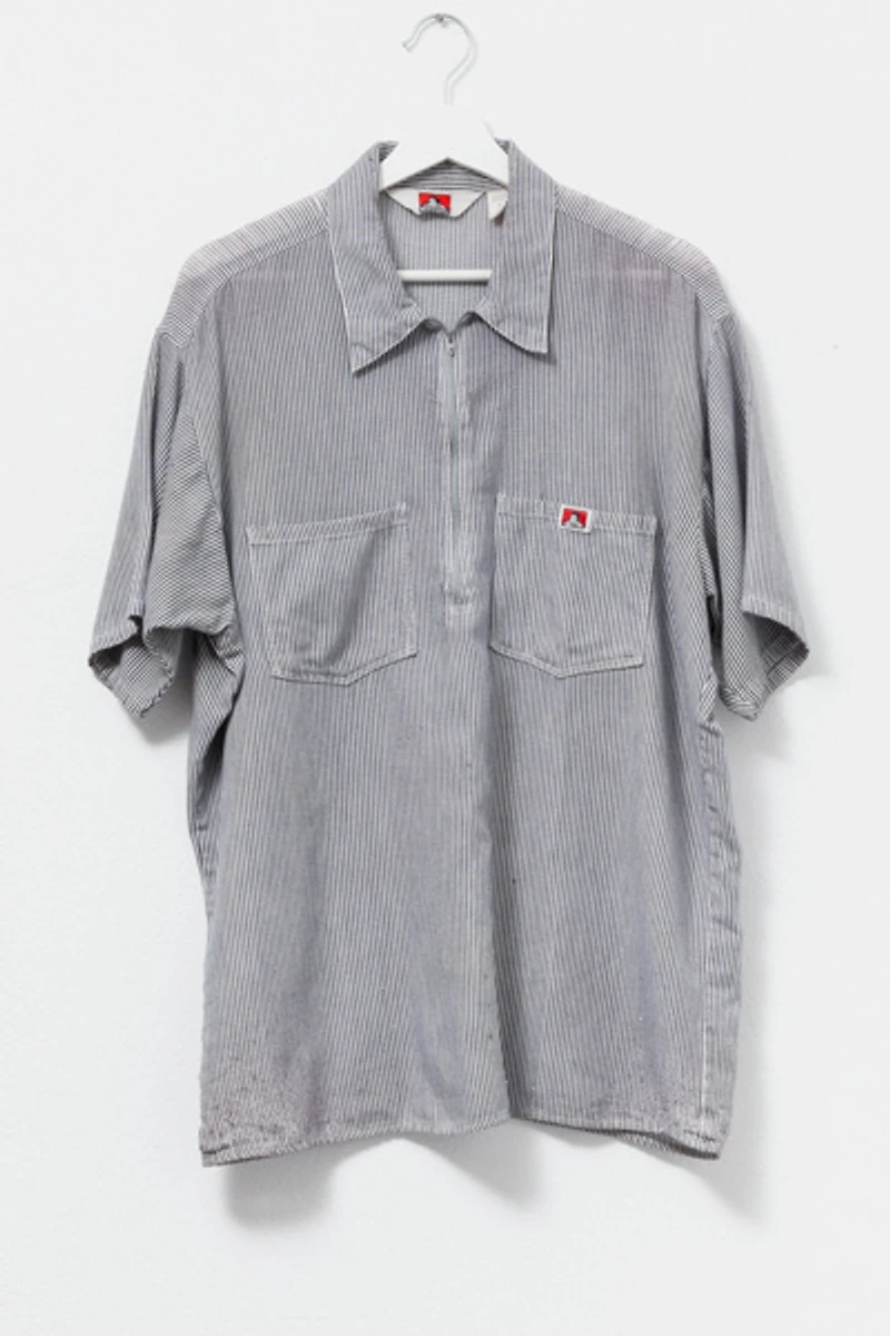 Vintage 1990s Distressed Ben Davis 1/4 Zip Sheer Stripped Shirt