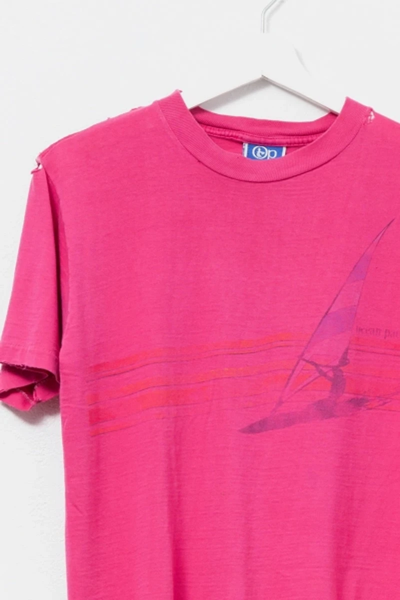 Vintage 1980s Distressed Ocean Pacific Pink Windsurfing Graphic T-Shirt