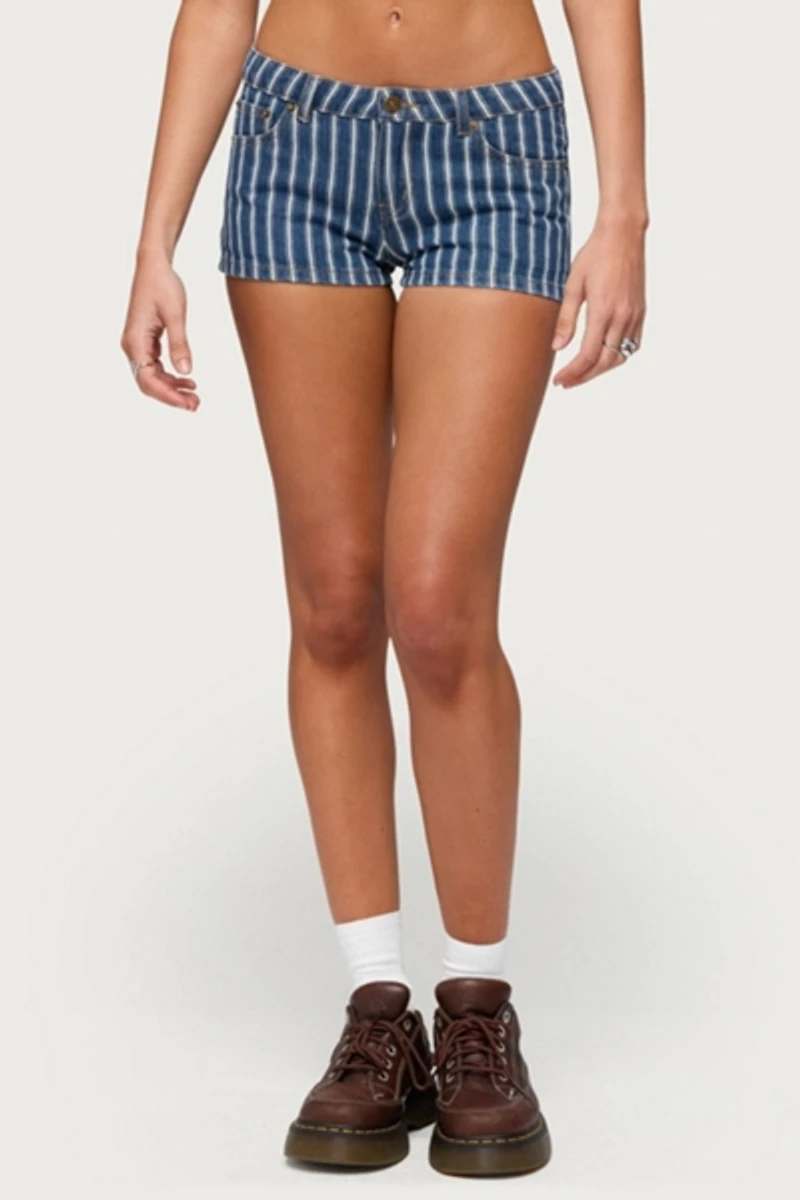 Edikted Odie Striped Low Rise Denim Micro Shorts