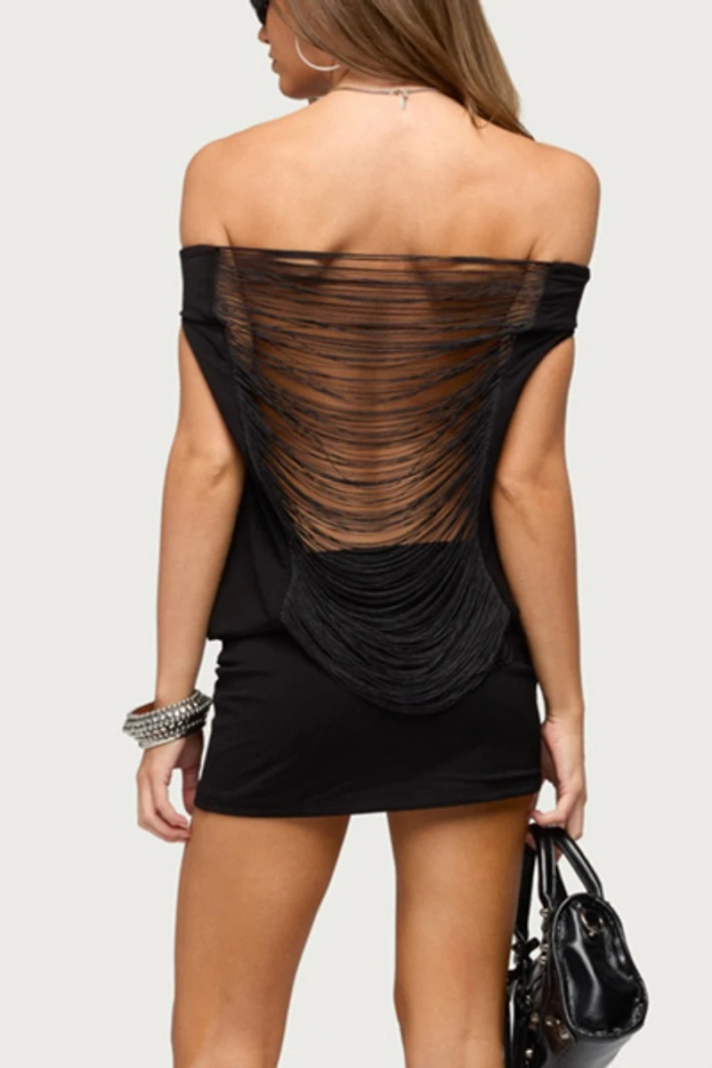 Edikted Fringed Back Off Shoulder Mini Dress
