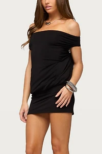 Edikted Fringed Back Off Shoulder Mini Dress
