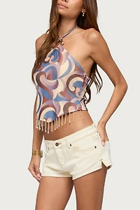 Edikted Beaded Fringe Printed Mesh Halter Top