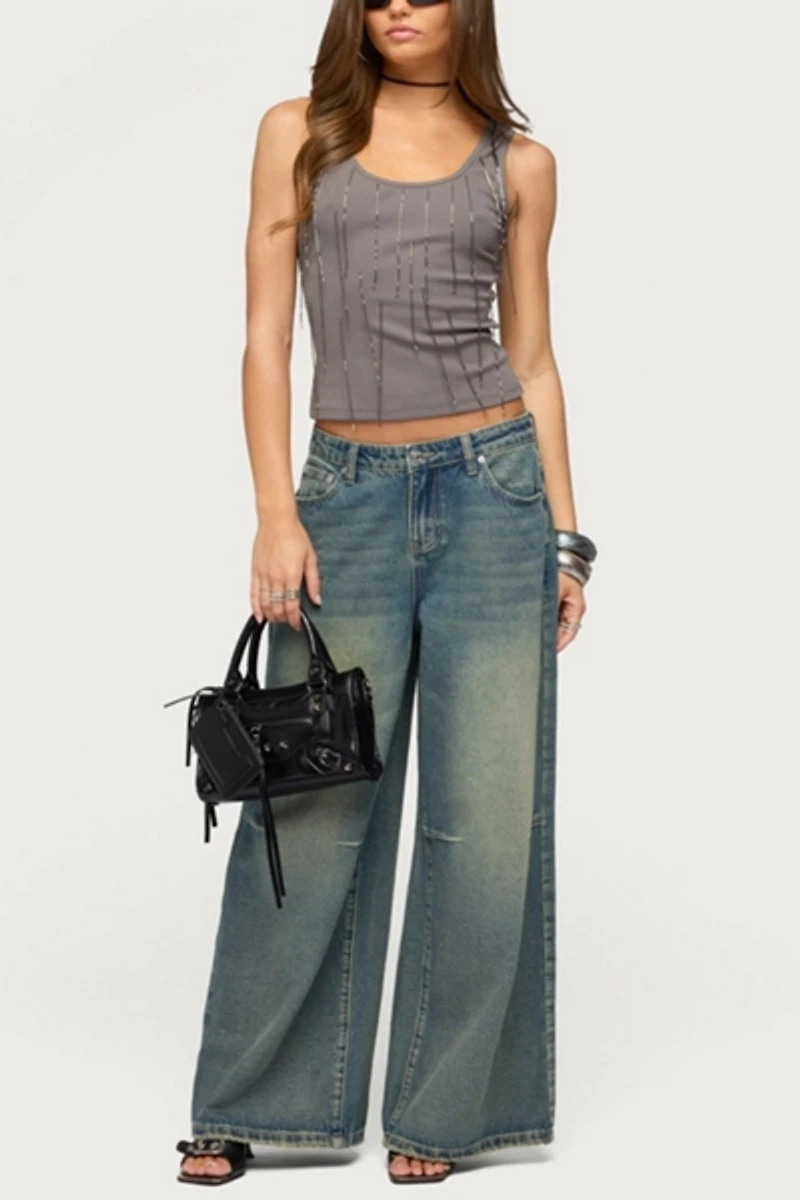 Edikted Beaded Fringe Ribbed Tank Top