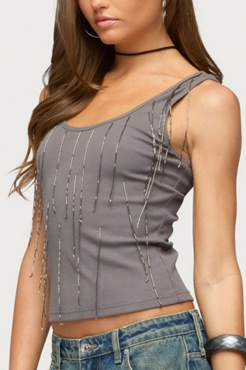 Edikted Beaded Fringe Ribbed Tank Top