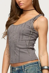 Edikted Beaded Fringe Ribbed Tank Top