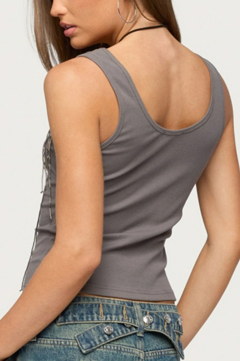 Edikted Beaded Fringe Ribbed Tank Top