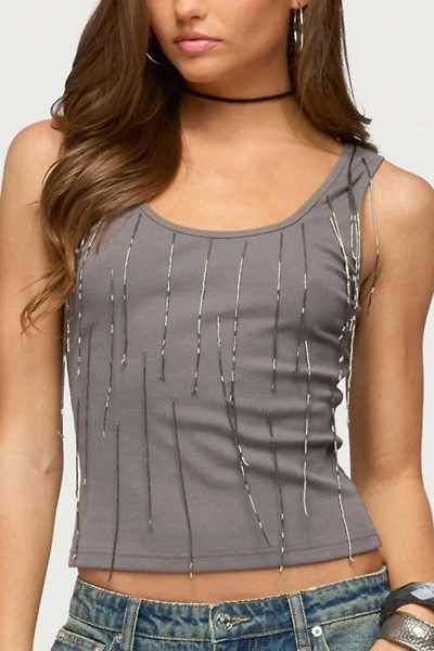 Edikted Beaded Fringe Ribbed Tank Top