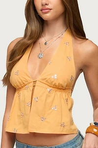 Edikted Cherra Sequin Split Front Halter Top