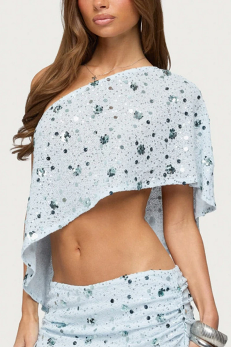 Edikted Zephyra Bead & Sequin One Shoulder Poncho