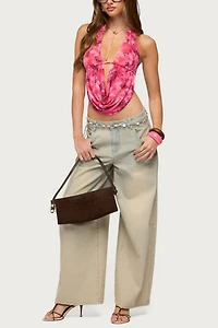 Edikted Floral Mesh Backless Cowl Neck Top