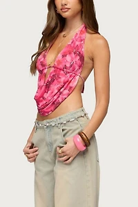Edikted Floral Mesh Backless Cowl Neck Top