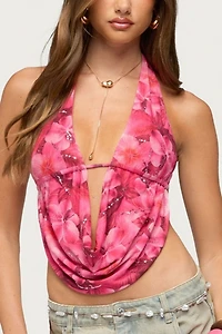 Edikted Floral Mesh Backless Cowl Neck Top