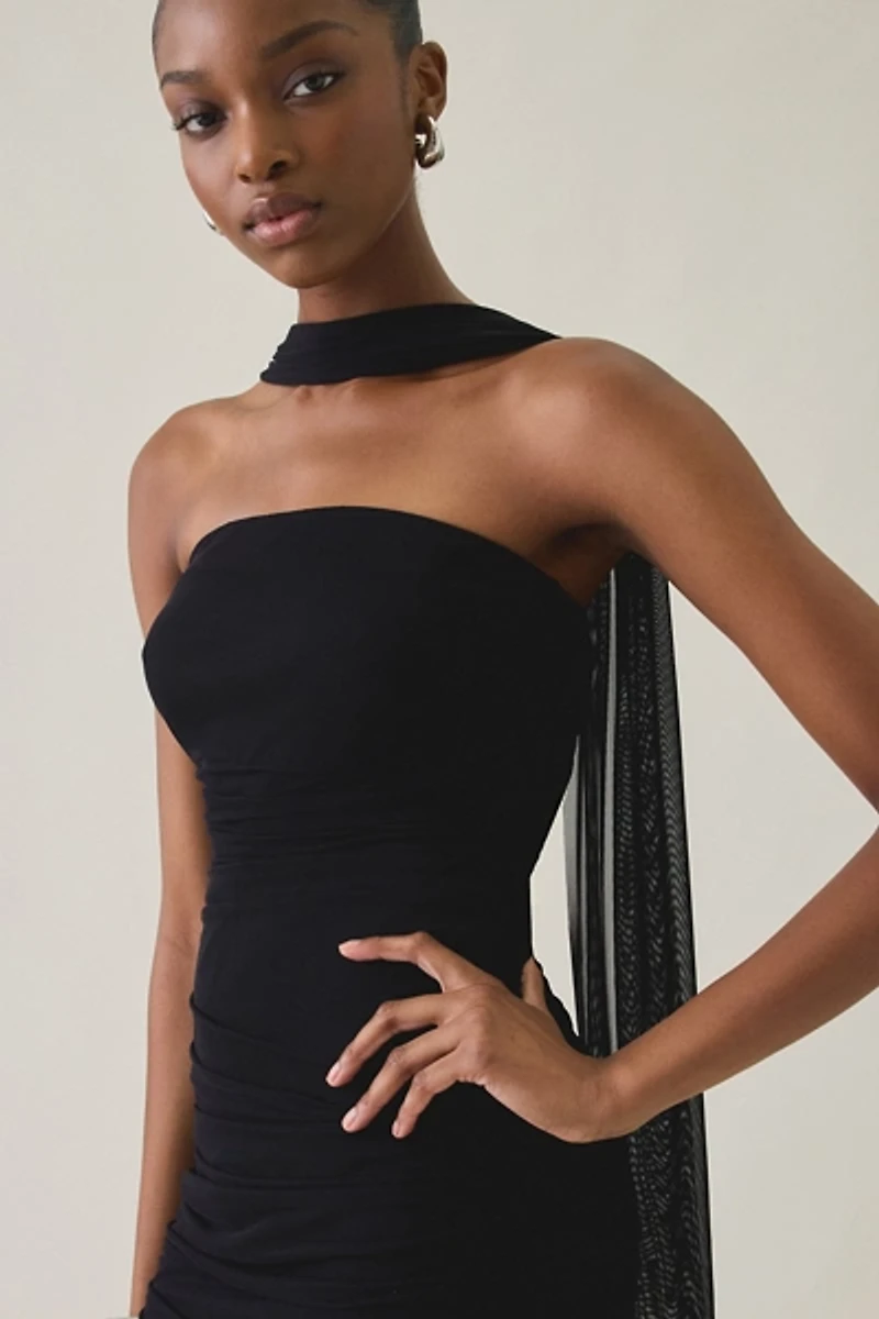 UO Midnight Muse Scarf Tie Detail Mesh Bodycon Mini Dress