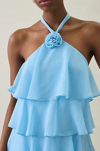 UO Rosalie Flower Applique Tiered Ruffle Halter Mini Dress