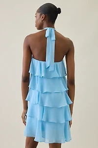 UO Rosalie Flower Applique Tiered Ruffle Halter Mini Dress