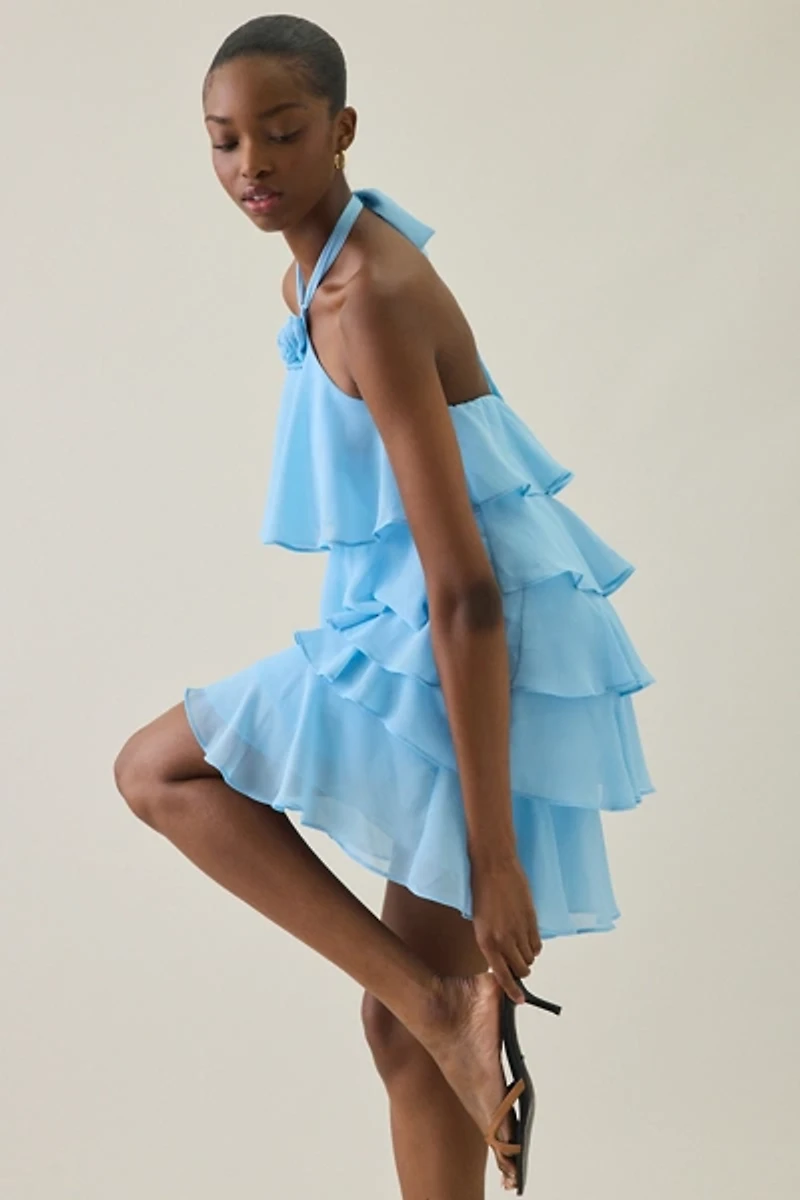UO Rosalie Flower Applique Tiered Ruffle Halter Mini Dress