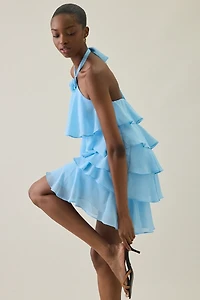 UO Rosalie Flower Applique Tiered Ruffle Halter Mini Dress