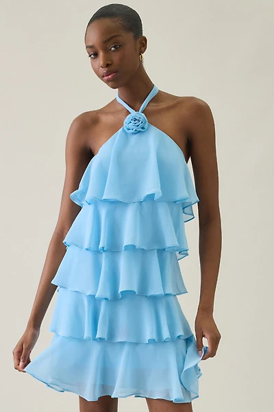 UO Rosalie Flower Applique Tiered Ruffle Halter Mini Dress