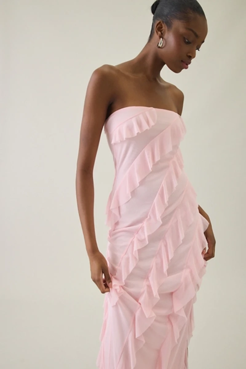 UO Petal Drift Asymmetric Cascading Ruffle Strapless Maxi Dress