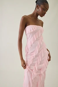 UO Petal Drift Asymmetric Cascading Ruffle Strapless Maxi Dress