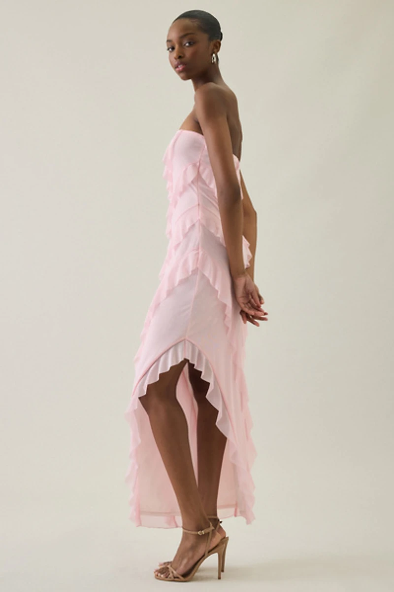 UO Petal Drift Asymmetric Cascading Ruffle Strapless Maxi Dress