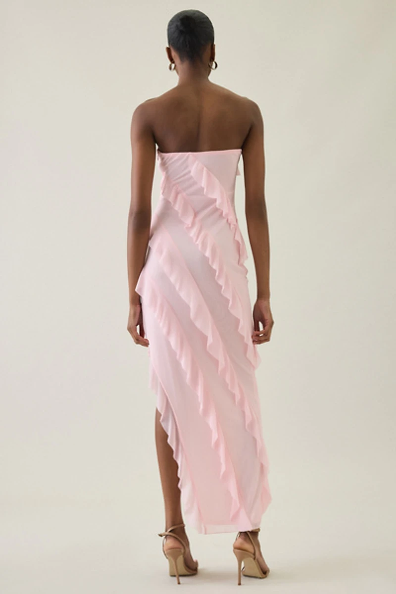 UO Petal Drift Asymmetric Cascading Ruffle Strapless Maxi Dress