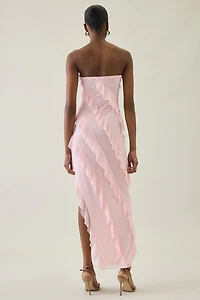 UO Petal Drift Asymmetric Cascading Ruffle Strapless Maxi Dress