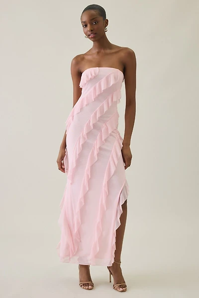 UO Petal Drift Asymmetric Cascading Ruffle Strapless Maxi Dress