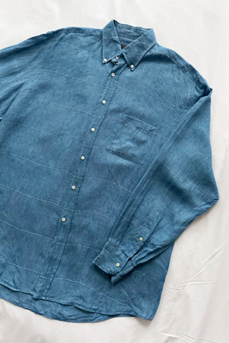 Vintage Blue Textured Linen Relaxed Shirt